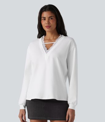 V-neck Contrast Lace Long Sleeve Casual Pima Cotton T-Shirt V-neck Contrast Lace Long Sleeve Casual Pima Cotton T-Shirt