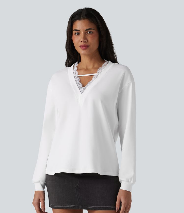 V-neck Contrast Lace Long Sleeve Casual Pima Cotton T-Shirt V-neck Contrast Lace Long Sleeve Casual Pima Cotton T-Shirt