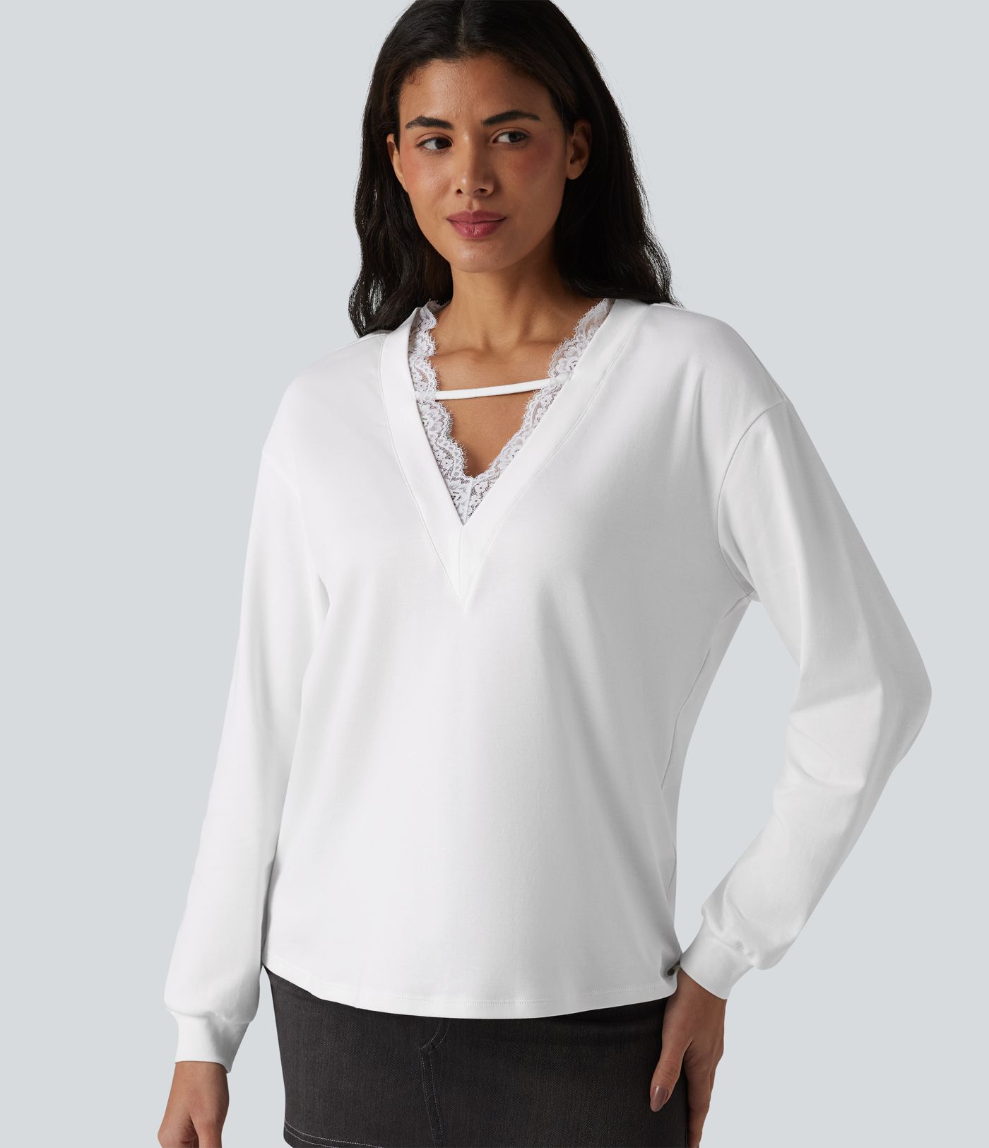 V-neck Contrast Lace Long Sleeve Casual Pima Cotton T-Shirt V-neck Contrast Lace Long Sleeve Casual Pima Cotton T-Shirt