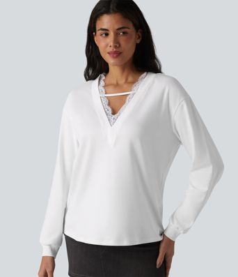 V-neck Contrast Lace Long Sleeve Casual Pima Cotton T-Shirt V-neck Contrast Lace Long Sleeve Casual Pima Cotton T-Shirt