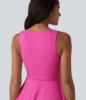SoftlyZero™ Robe active mini de yoga 2-en-1 superposée, sans manches, col carré aérien, soutien-gorge intégré, InstantCool, poches — Édition Easy Peezy