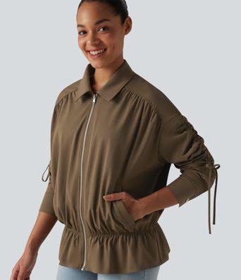Long Sleeve Drawstring Ruffle Hem Casual Jacket with Pockets