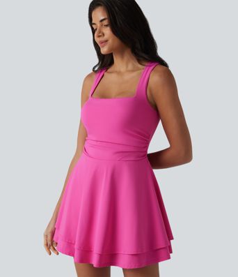 SoftlyZero™ Robe active mini de yoga 2-en-1 superposée, sans manches, col carré aérien, soutien-gorge intégré, InstantCool, poches — Édition Easy Peezy