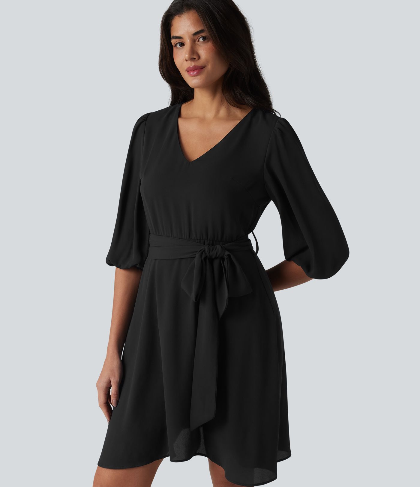 V Neck 3/4 Puff Sleeve Belted Mini Casual Dress V Neck 3/4 Puff Sleeve Belted Mini Casual Dress