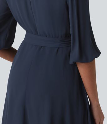 Lässiges Minikleid mit V-Ausschnitt, 3/4-Puffärmeln und Gürtel