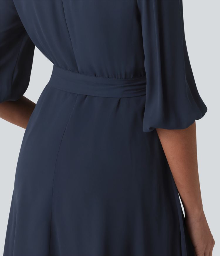 Lässiges Minikleid mit V-Ausschnitt, 3/4-Puffärmeln und Gürtel