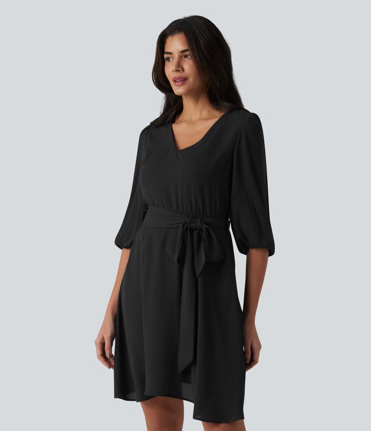 V Neck 3/4 Puff Sleeve Belted Mini Casual Dress