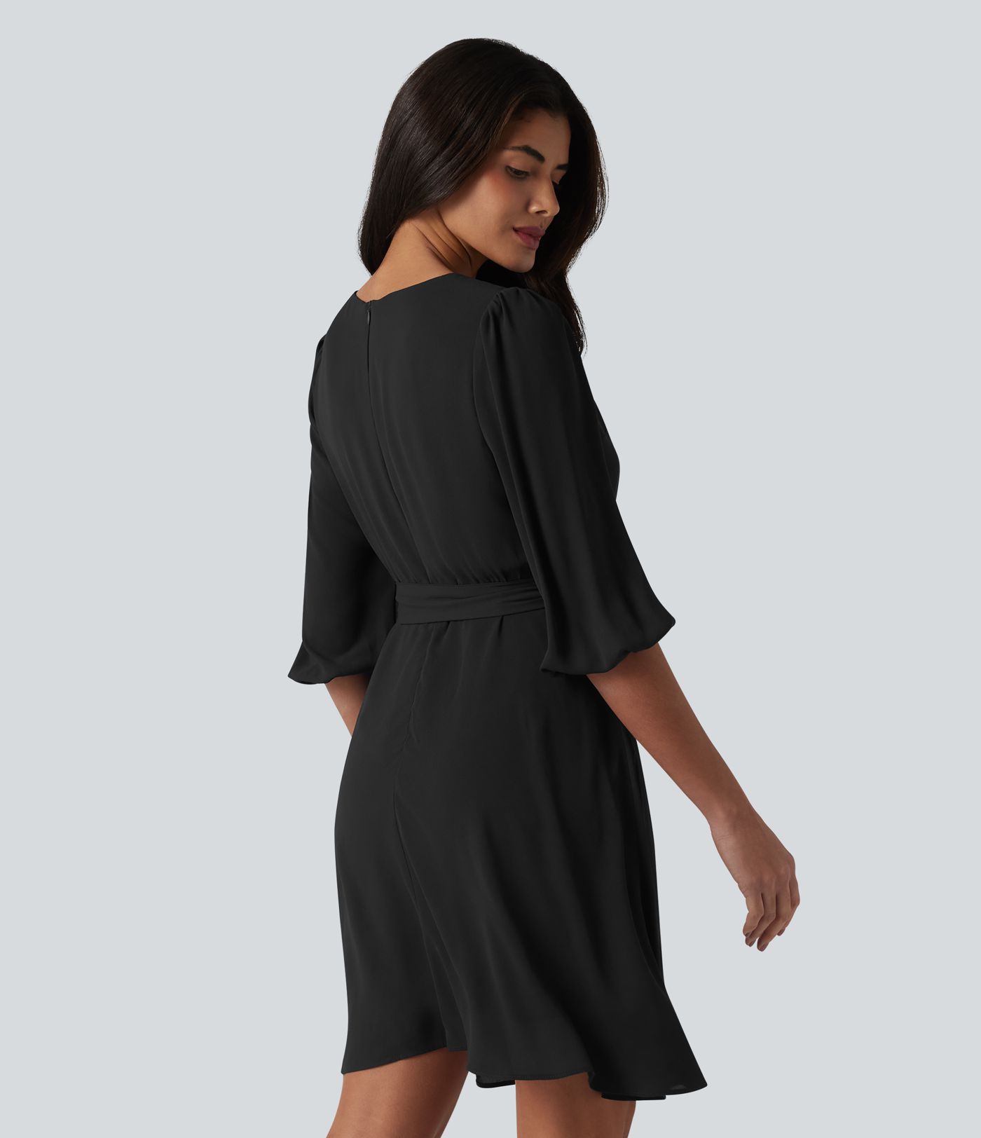 V Neck 3/4 Puff Sleeve Belted Mini Casual Dress V Neck 3/4 Puff Sleeve Belted Mini Casual Dress