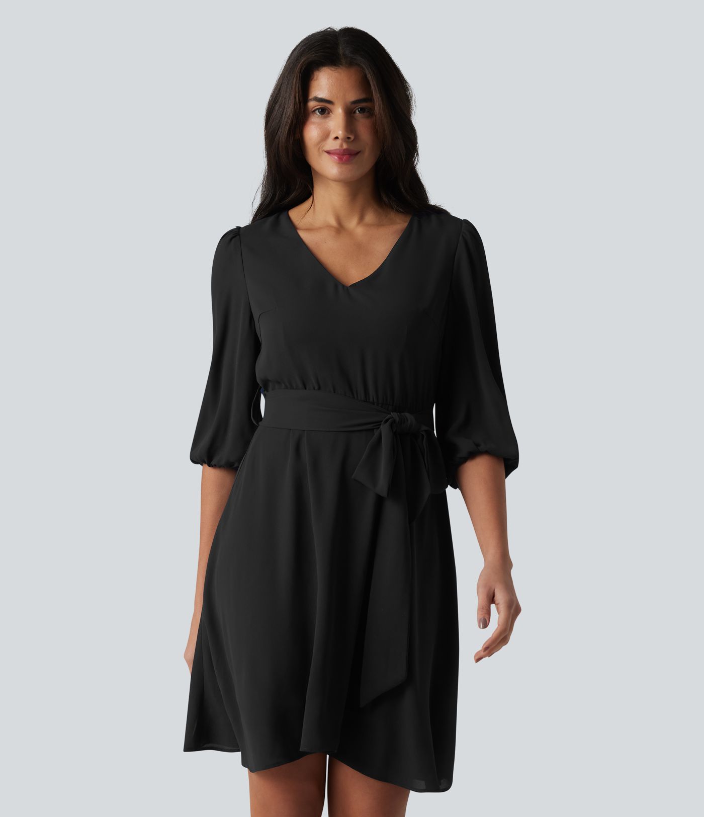 V Neck 3/4 Puff Sleeve Belted Mini Casual Dress V Neck 3/4 Puff Sleeve Belted Mini Casual Dress