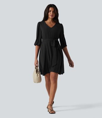 V Neck 3/4 Puff Sleeve Belted Mini Casual Dress