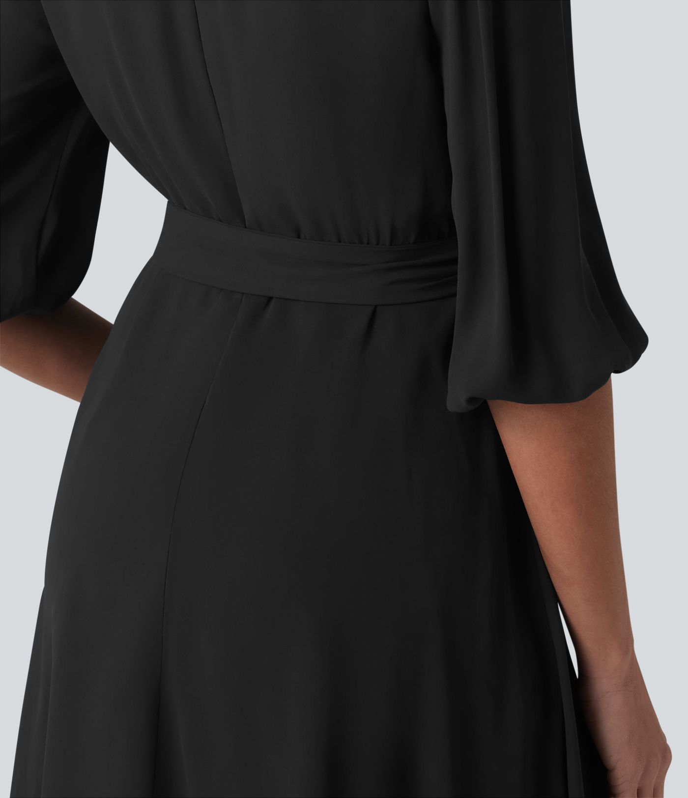V Neck 3/4 Puff Sleeve Belted Mini Casual Dress V Neck 3/4 Puff Sleeve Belted Mini Casual Dress