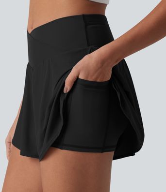 Breezeful™ High Waisted Crossover 2-in-1 Quick Dry Running Shorts 4'' with Pockets