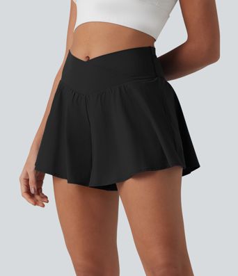 Breezeful™ High Waisted Crossover 2-in-1 Quick Dry Running Shorts 4'' with Pockets