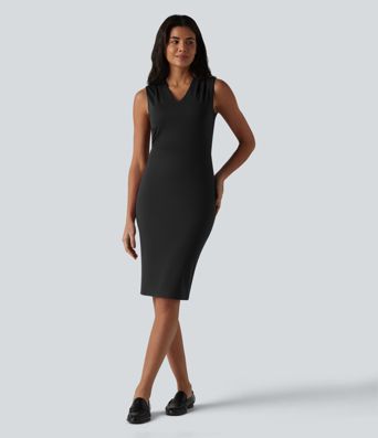 V Neck Sleeveless Tummy Control Built-in Shapewear Midi Work Dress V Neck Sleeveless Tummy Control Built-in Shapewear Midi Work Dress