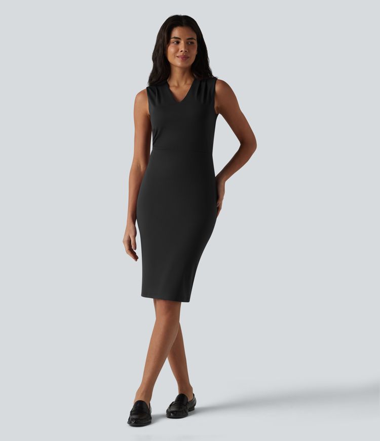 V Neck Sleeveless Tummy Control Built-in Shapewear Midi Work Dress V Neck Sleeveless Tummy Control Built-in Shapewear Midi Work Dress