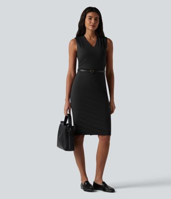 V Neck Sleeveless Tummy Control Built-in Shapewear Midi Work Dress V Neck Sleeveless Tummy Control Built-in Shapewear Midi Work Dress