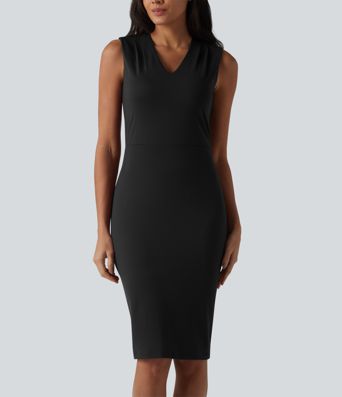 V Neck Sleeveless Tummy Control Built-in Shapewear Midi Work Dress V Neck Sleeveless Tummy Control Built-in Shapewear Midi Work Dress