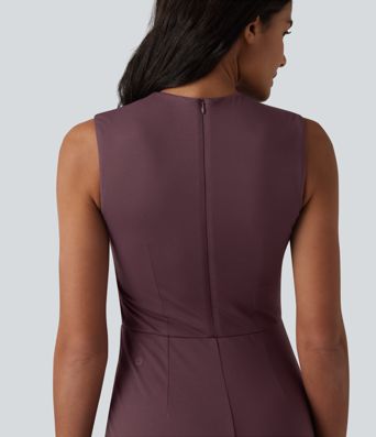 V Neck Sleeveless Tummy Control Built-in Shapewear Midi Work Dress