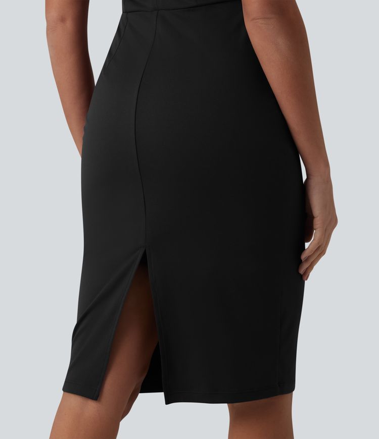 V Neck Sleeveless Tummy Control Built-in Shapewear Midi Work Dress V Neck Sleeveless Tummy Control Built-in Shapewear Midi Work Dress