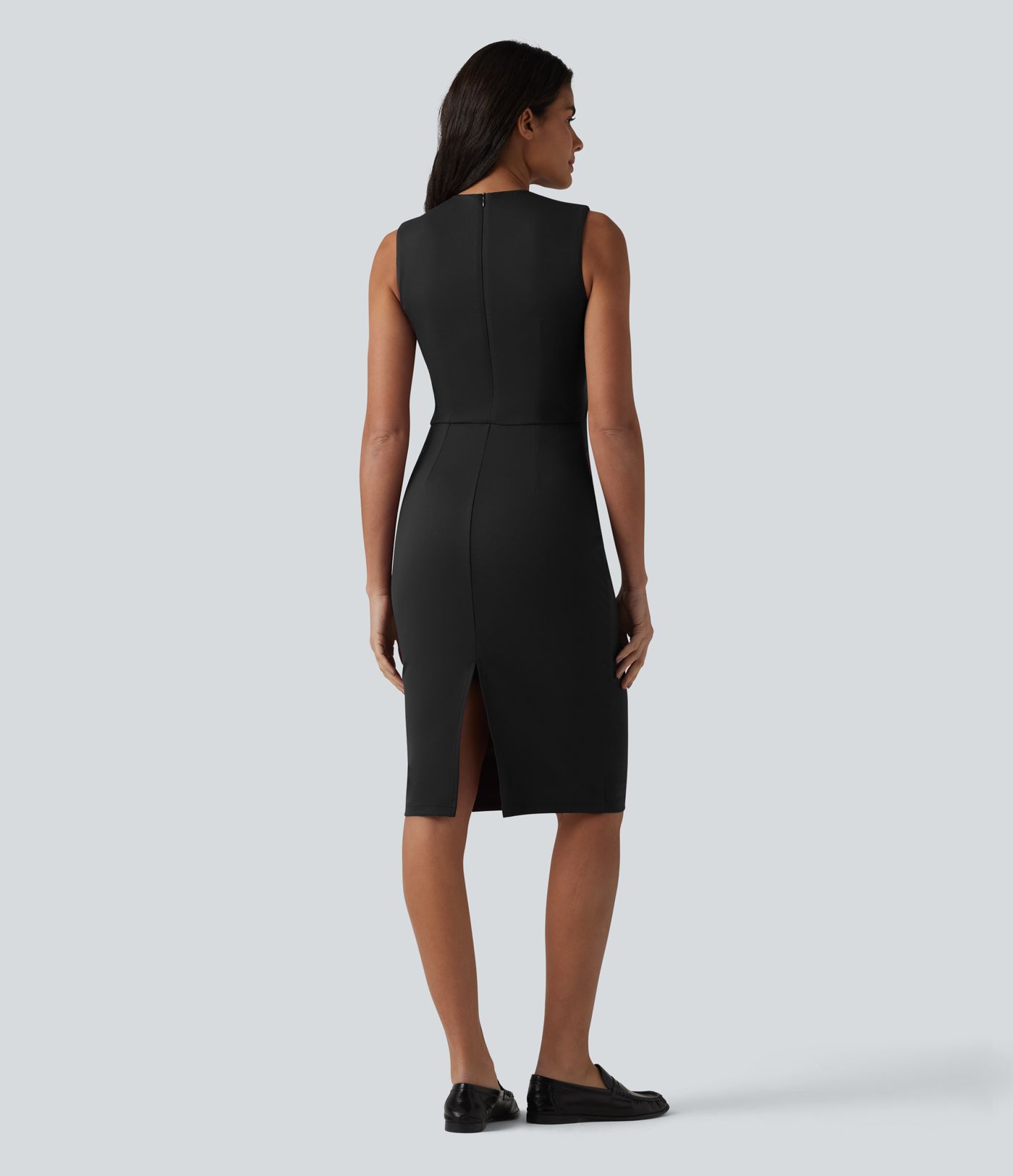 V Neck Sleeveless Tummy Control Built-in Shapewear Midi Work Dress V Neck Sleeveless Tummy Control Built-in Shapewear Midi Work Dress