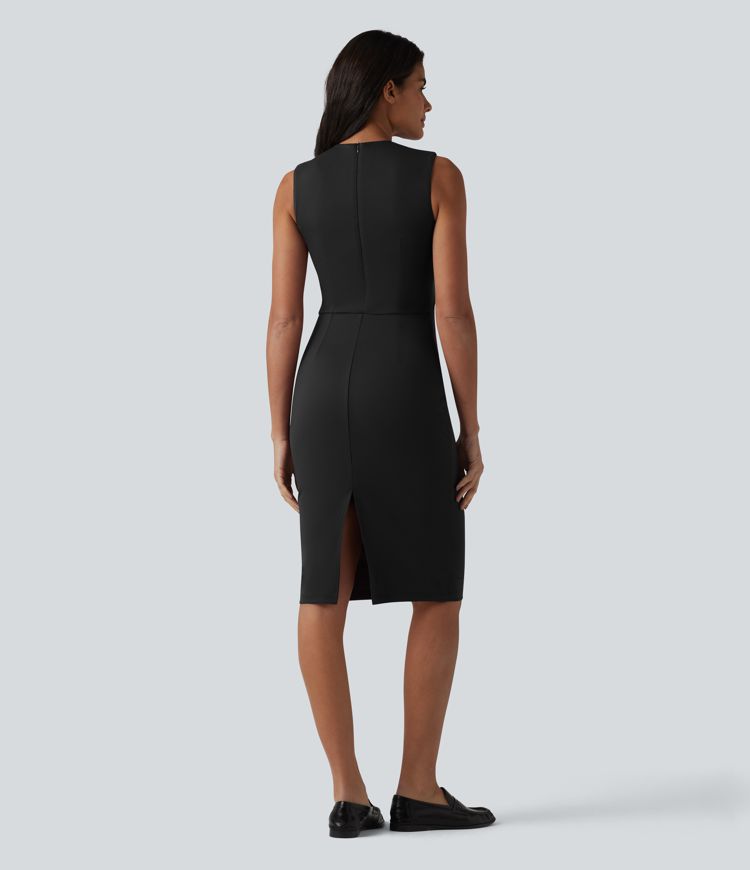 V Neck Sleeveless Tummy Control Built-in Shapewear Midi Work Dress V Neck Sleeveless Tummy Control Built-in Shapewear Midi Work Dress