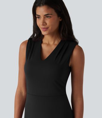 V Neck Sleeveless Tummy Control Built-in Shapewear Midi Work Dress V Neck Sleeveless Tummy Control Built-in Shapewear Midi Work Dress