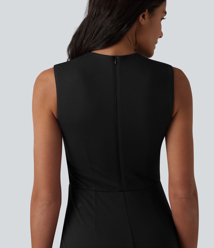 V Neck Sleeveless Tummy Control Built-in Shapewear Midi Work Dress V Neck Sleeveless Tummy Control Built-in Shapewear Midi Work Dress