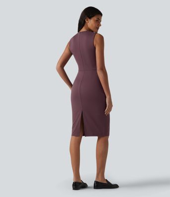 V Neck Sleeveless Tummy Control Built-in Shapewear Midi Work Dress