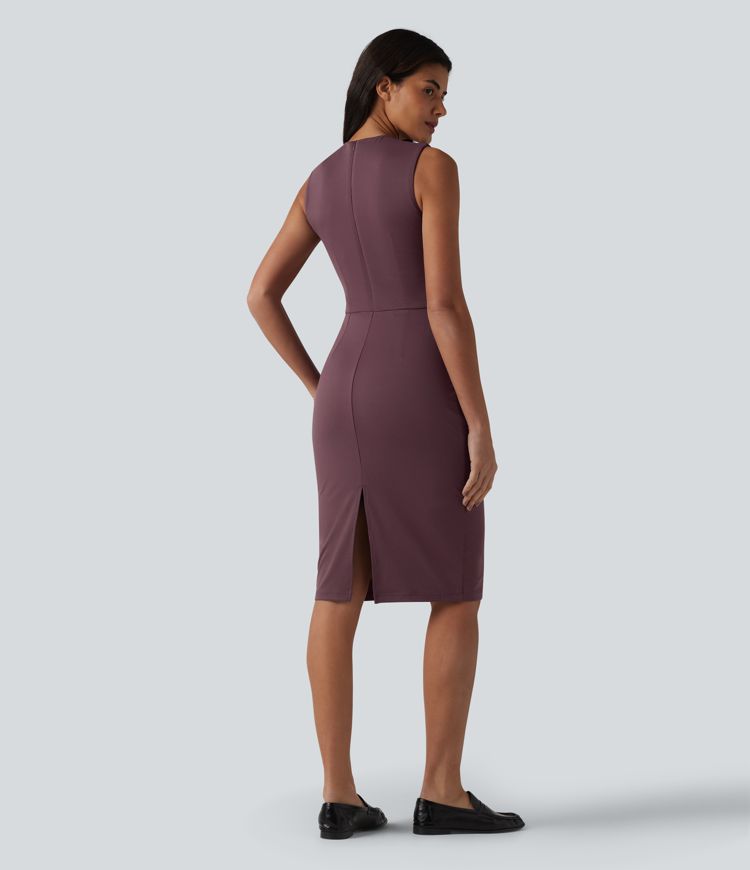 V Neck Sleeveless Tummy Control Built-in Shapewear Midi Work Dress