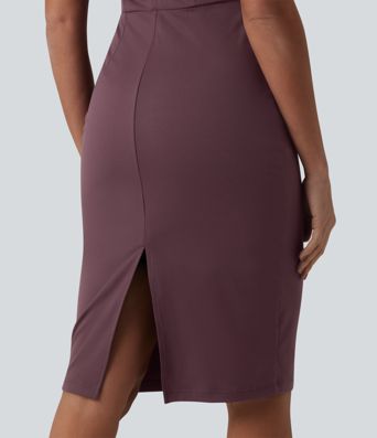 V Neck Sleeveless Tummy Control Built-in Shapewear Midi Work Dress