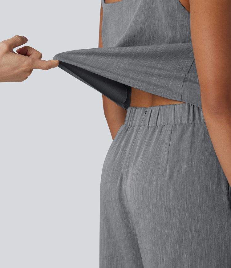 Square Neck Sleeveless Resort Linen-Feel Jumpsuit with Pockets-Easy Peezy