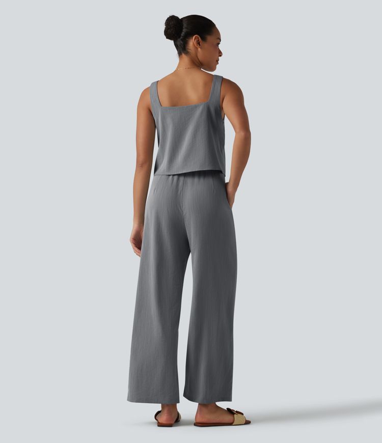Square Neck Sleeveless Resort Linen-Feel Jumpsuit with Pockets-Easy Peezy