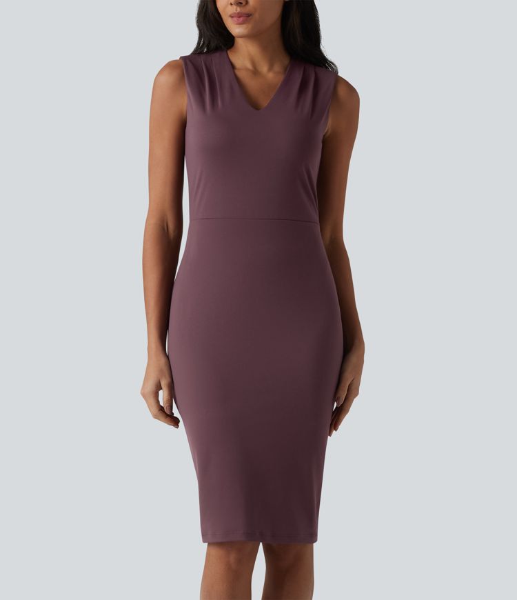 V Neck Sleeveless Tummy Control Built-in Shapewear Midi Work Dress