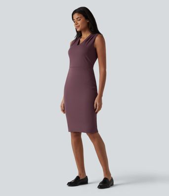 V Neck Sleeveless Tummy Control Built-in Shapewear Midi Work Dress