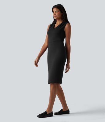 V Neck Sleeveless Tummy Control Built-in Shapewear Midi Work Dress V Neck Sleeveless Tummy Control Built-in Shapewear Midi Work Dress