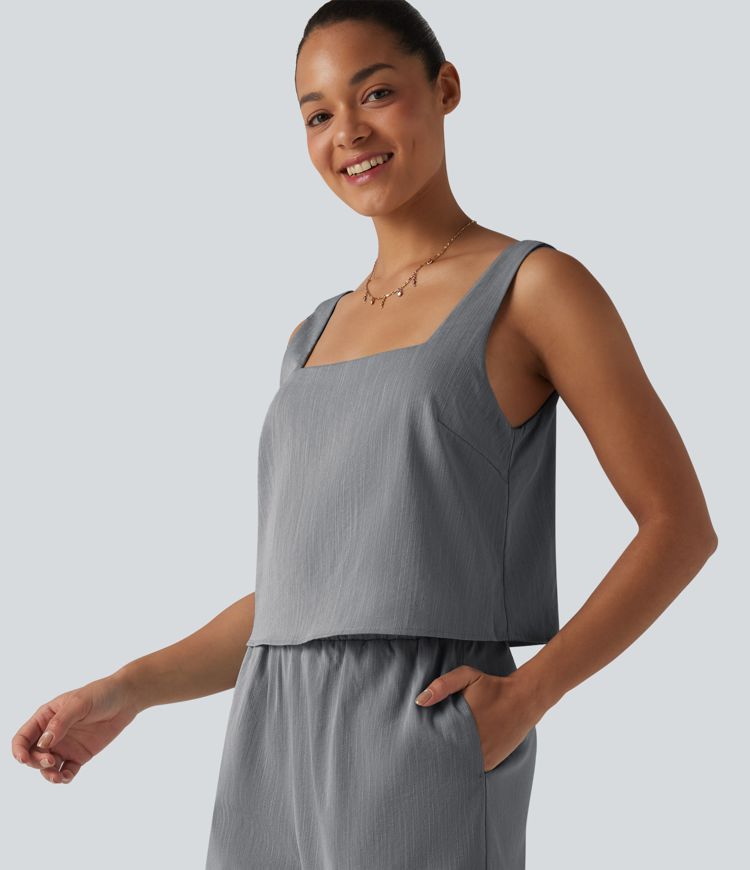 Square Neck Sleeveless Resort Linen-Feel Jumpsuit with Pockets-Easy Peezy