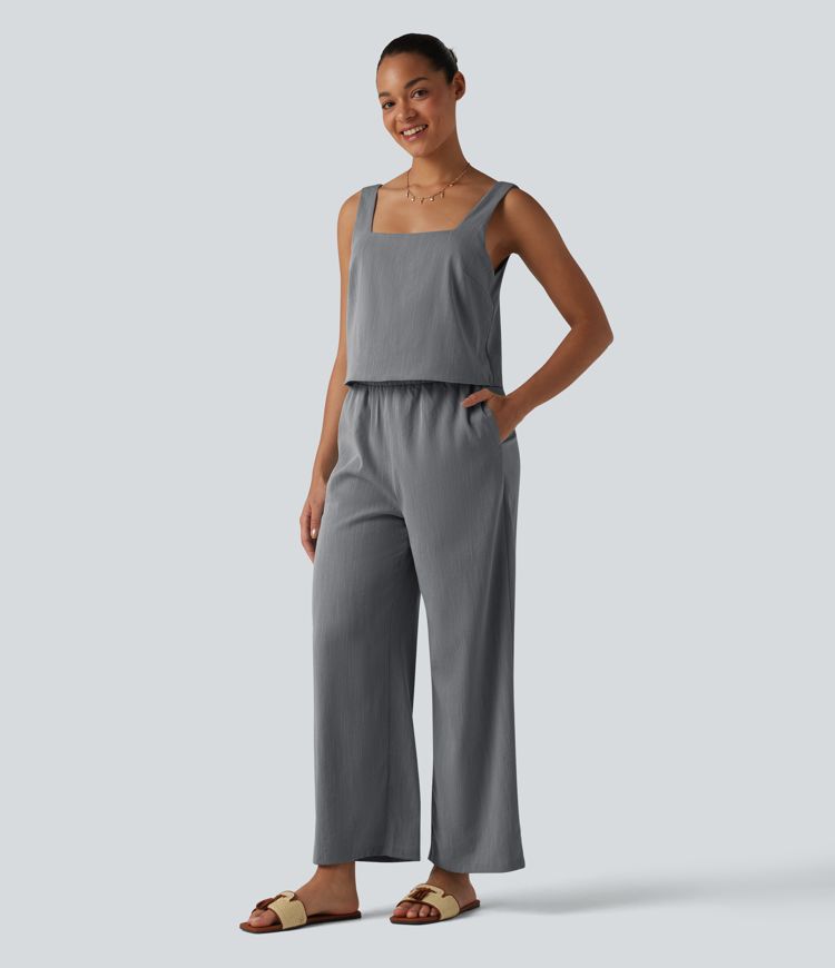 Square Neck Sleeveless Resort Linen-Feel Jumpsuit with Pockets-Easy Peezy