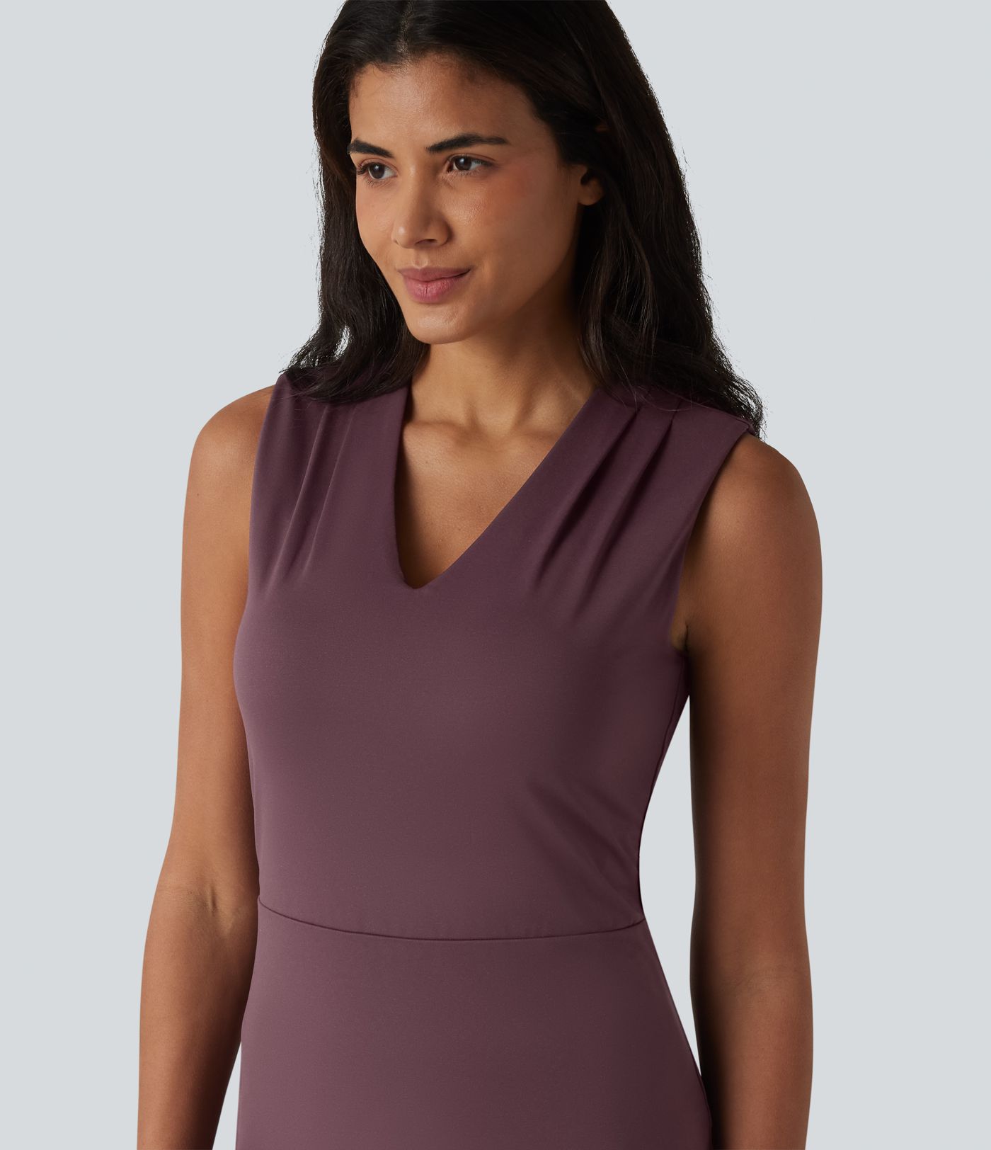 V Neck Sleeveless Tummy Control Built-in Shapewear Midi Work Dress
