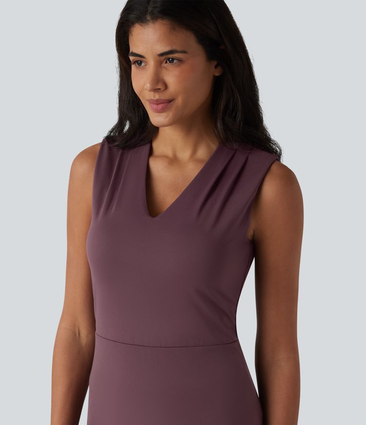 V Neck Sleeveless Tummy Control Built-in Shapewear Midi Work Dress