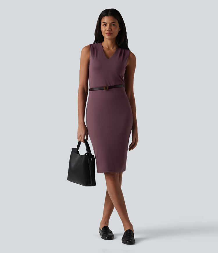 V Neck Sleeveless Tummy Control Built-in Shapewear Midi Work Dress