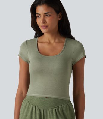 Square Neck Short Sleeve Built-in Bra Cropped Workout Sports Top