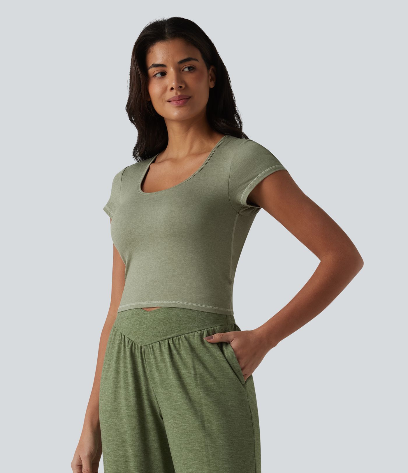 Square Neck Short Sleeve Built-in Bra Cropped Workout Sports Top