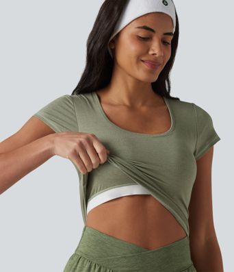Square Neck Short Sleeve Built-in Bra Cropped Workout Sports Top