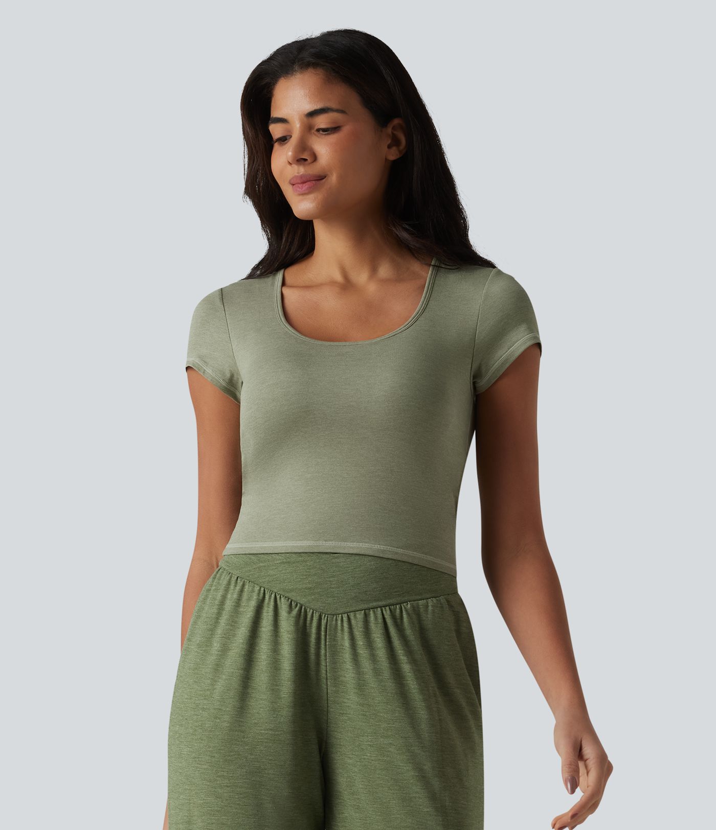 Square Neck Short Sleeve Built-in Bra Cropped Workout Sports Top