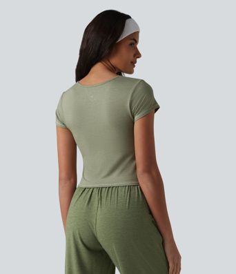 Square Neck Short Sleeve Built-in Bra Cropped Workout Sports Top