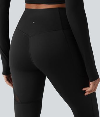 Leggings casual de cintura alta con control del abdomen, malla transpirable, pernera acampanada y bolsillo Leggings casual de cintura alta con control del abdomen, malla transpirable, pernera acampanada y bolsillo