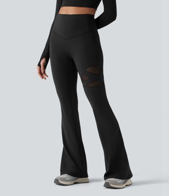 Leggings casual de cintura alta con control del abdomen, malla transpirable, pernera acampanada y bolsillo Leggings casual de cintura alta con control del abdomen, malla transpirable, pernera acampanada y bolsillo