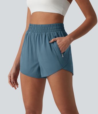 Yoga-Shorts mit hohem Bund, Reißverschlusstaschen und abgerundetem Saum - 7,6 cm