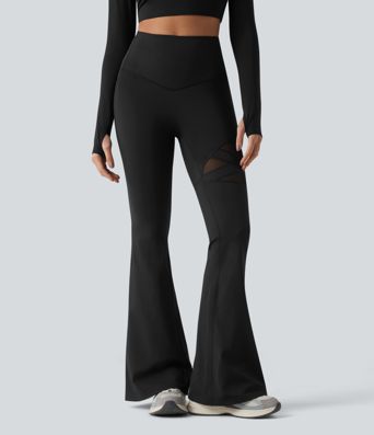 Leggings casual de cintura alta con control del abdomen, malla transpirable, pernera acampanada y bolsillo Leggings casual de cintura alta con control del abdomen, malla transpirable, pernera acampanada y bolsillo