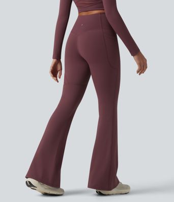 High Waisted Tummy Control Breathable Mesh Flare Casual Leggings with Pocket